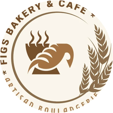 Figs Bakery and Cafe logo: a coffee cup and croissant inside a ring of wheat, Artisan Boulangerie