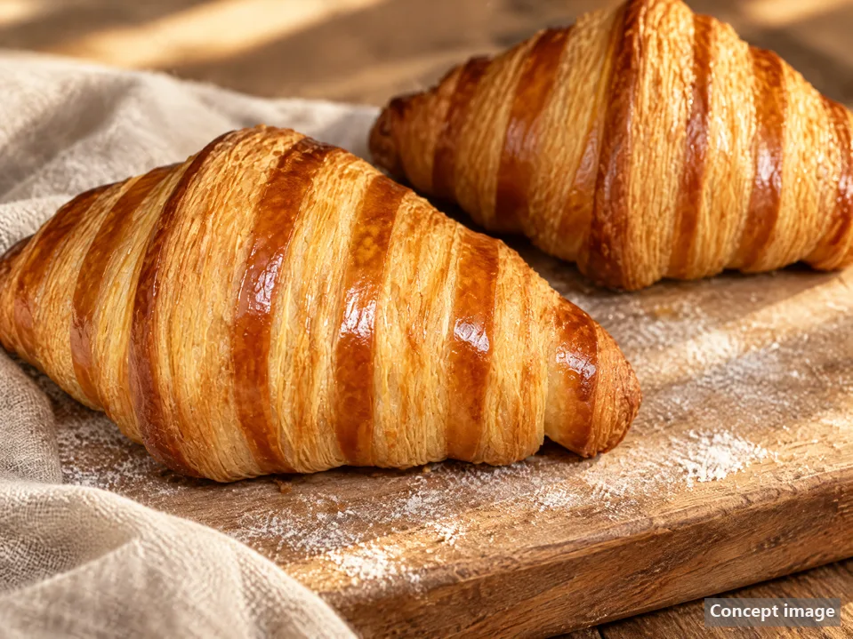 Two croissants with deep brown stripes along their layers, on parchment