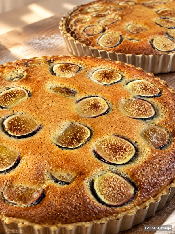 Two whole fig tarts with halved figs set into almond cake