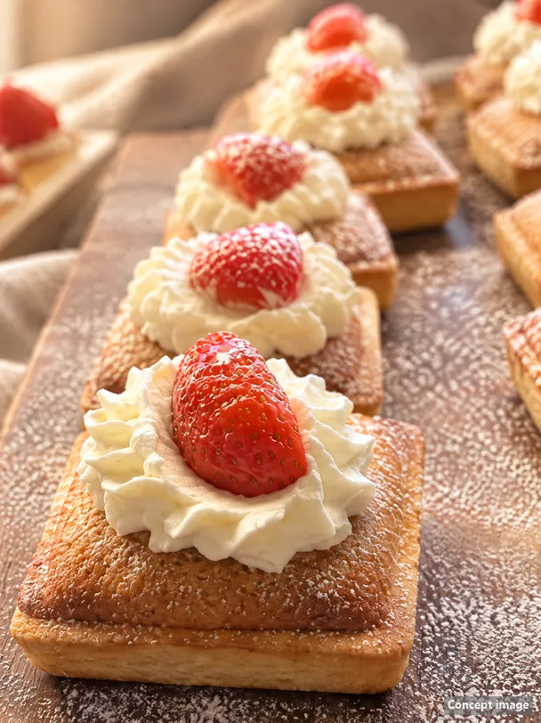 Small square almond cakes topped with whipped cream and a strawberry in the pastry case